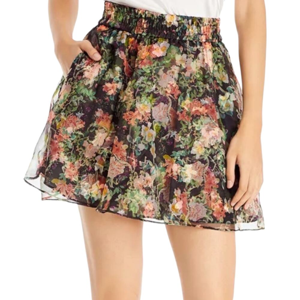 Alice + Olivia Dionne Floral Print Crepe & Silk Mini Skirt 6 Romance Black